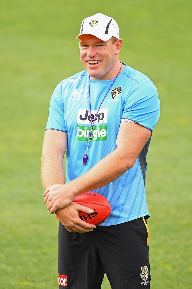AFL 2016 Training - Richmond 071116 MELBOURNE, AUSTRALIA - NOVEMBER 07: Justin Leppitsch the assistant coach of the Tigers looks on during a Richmond Tigers AFL pre-season training session at ME Bank Centre on November 7, 2016 in Melbourne, Australia. (Photo by Quinn Rooney/Getty Images/AFL Media)